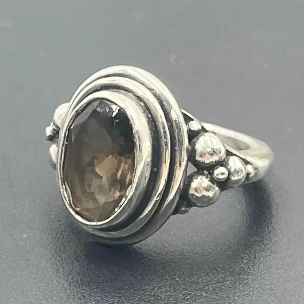 Sterling Silver Artisan Oval Shaped Bezel Set Smoky Quartz‎ Stone Ring Sz 7.75